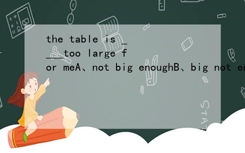 the table is ____too large for meA、not big enoughB、big not enoughC、big enough not答案应该是什么?为什么这样选,其它几个选项错在什么地方?