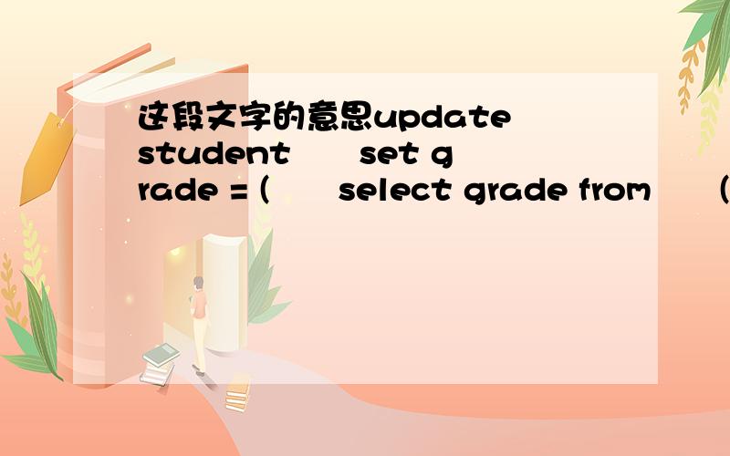 这段文字的意思update student　　set grade = (　　select grade from　　(　　select id,　　case when score> 90 then 'a'　　when score > 80 then 'b'　　when score > 70 then 'c'　　else 'd' end grade　　from student　　) a