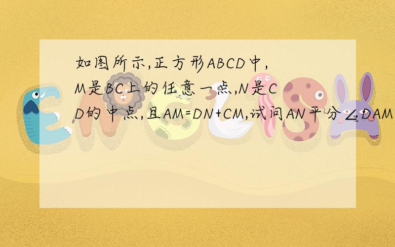 如图所示,正方形ABCD中,M是BC上的任意一点,N是CD的中点,且AM=DN+CM,试问AN平分∠DAM吗?为什么?