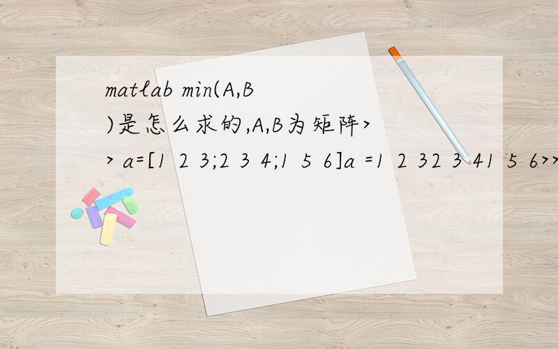 matlab min(A,B)是怎么求的,A,B为矩阵>> a=[1 2 3;2 3 4;1 5 6]a =1 2 32 3 41 5 6>> min(a,a')ans =1 2 12 3 41 4 6这是运行结果,这是怎么求出来的