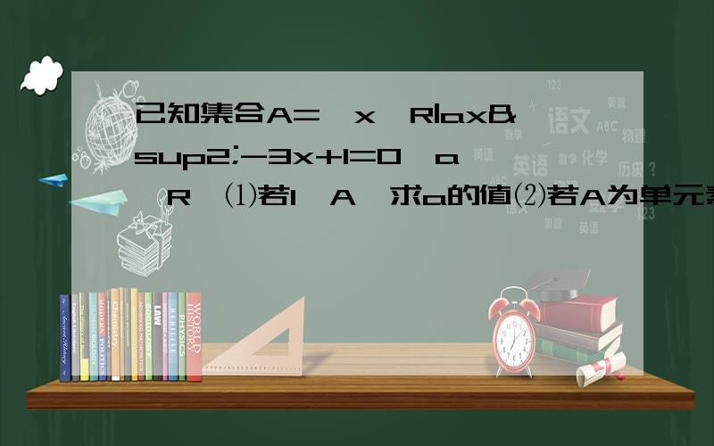 已知集合A={x∈R|ax²-3x+1=0,a∈R}⑴若1∈A,求a的值⑵若A为单元素集合,求a的值⑶若A为双元素集合,求a的范围