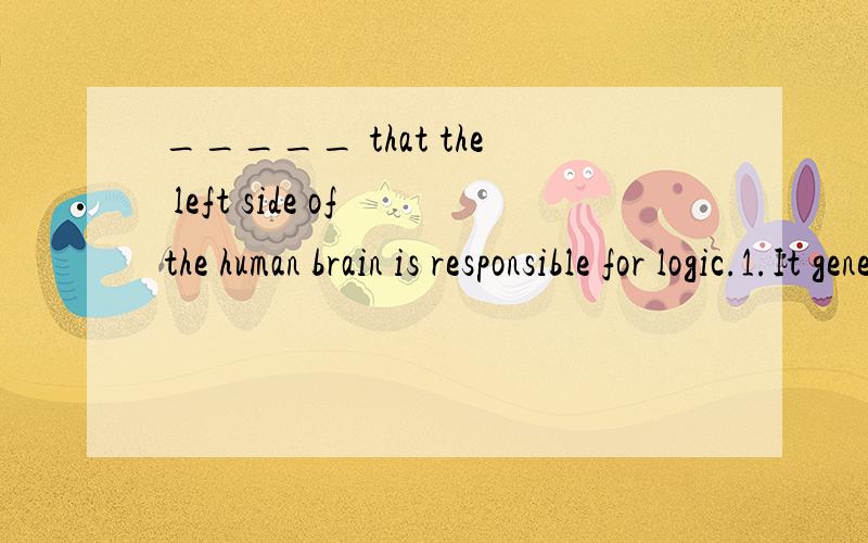 _____ that the left side of the human brain is responsible for logic.1.It generally is believed 2.It is believed generally 3.It is generally believed 4.Generally it is believed