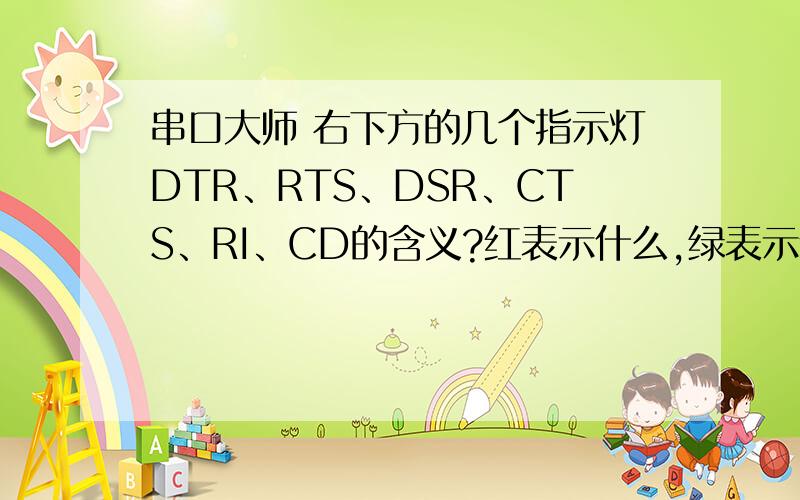 串口大师 右下方的几个指示灯DTR、RTS、DSR、CTS、RI、CD的含义?红表示什么,绿表示什么?串口大师（串口调试工具） 右下方的几个指示灯DTR、RTS、DSR、CTS、RI、CD的含义?红表示什么,绿表示什么?