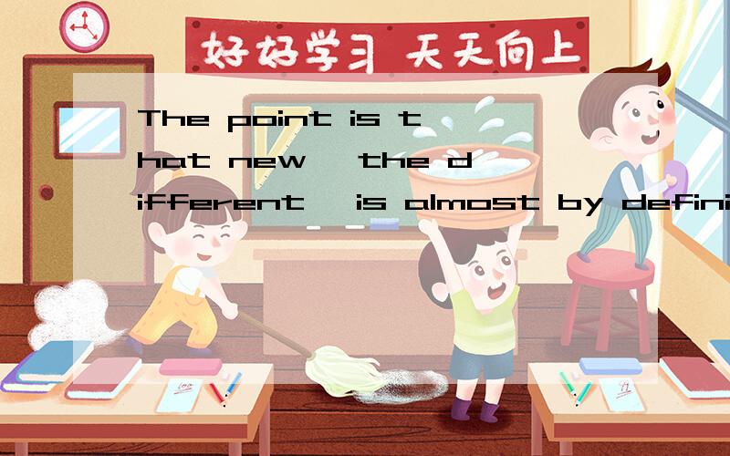 The point is that new ,the different ,is almost by definition ( scary).翻译为：新异的事物听起来几乎都很吓人.我不明白括号内的单词应该是scary害怕的意思,怎么可以跟definition连用呢?definition应该是名词啊,
