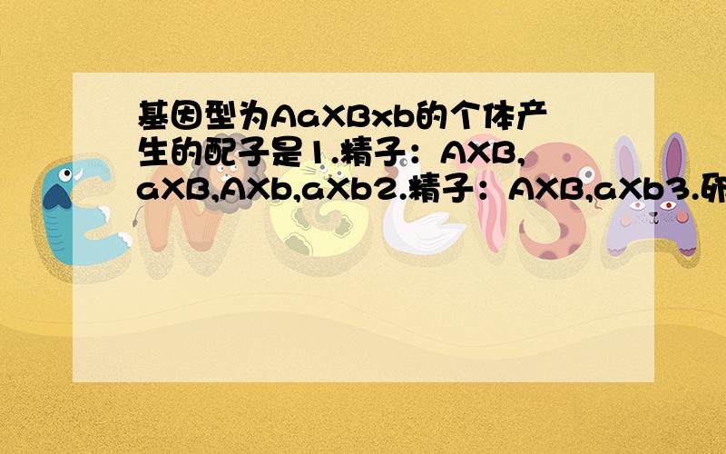 基因型为AaXBxb的个体产生的配子是1.精子：AXB,aXB,AXb,aXb2.精子：AXB,aXb3.卵细胞：AXB,aXB,AXb,aXb4.卵细胞：AXB,aXb为什么选3要原因