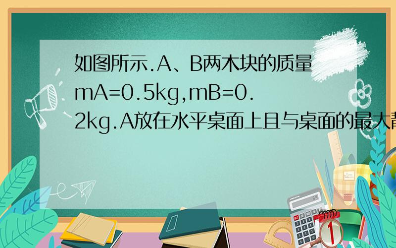 如图所示.A、B两木块的质量mA=0.5kg,mB=0.2kg.A放在水平桌面上且与桌面的最大静摩擦力为1N,欲使A保持静止,则拉力F应控制在_____________范围内?(g取10m/s^2)写清楚答题过程!另外一题：质量为50kg的物