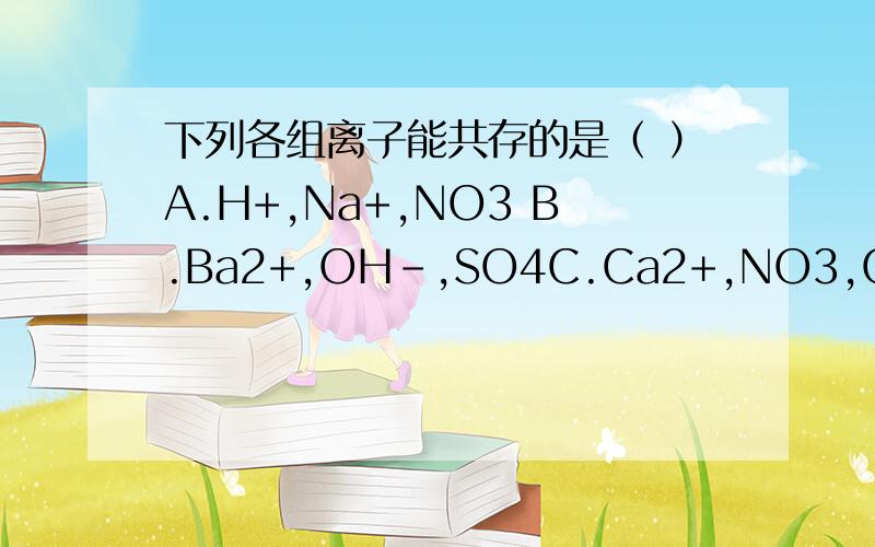 下列各组离子能共存的是（ ）A.H+,Na+,NO3 B.Ba2+,OH-,SO4C.Ca2+,NO3,CO3 D.Ag+,Na+,Cl-理由~CaCl2溶液中含有少量的盐酸,欲除去盐酸并使溶液呈中性,在没有指示剂的条件下可选用的试剂是( )A.石灰水 B.石灰