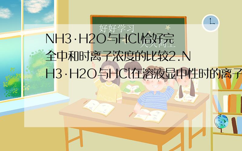 NH3·H2O与HCl恰好完全中和时离子浓度的比较2.NH3·H2O与HCl在溶液显中性时的离子浓度比较 3.NH4Cl与NH3·H2O在1:1时的离子浓度比较 4.CH3COOH与CH3COONa在1:1时离子浓度比较