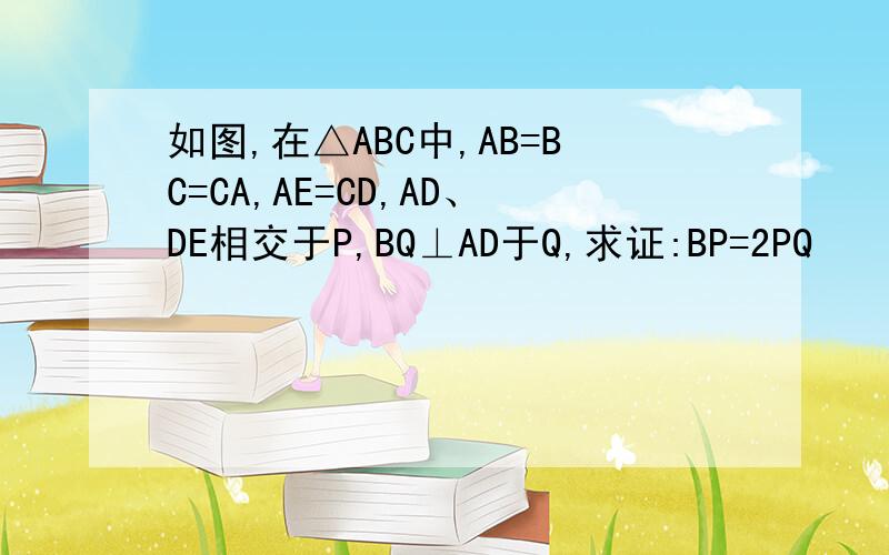 如图,在△ABC中,AB=BC=CA,AE=CD,AD、DE相交于P,BQ⊥AD于Q,求证:BP=2PQ