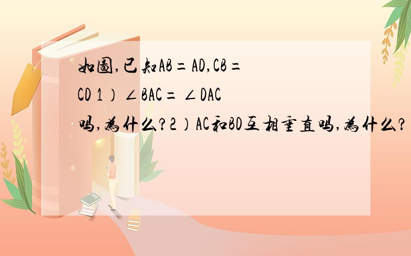 如图,已知AB=AD,CB=CD 1）∠BAC=∠DAC吗,为什么?2）AC和BD互相垂直吗,为什么?