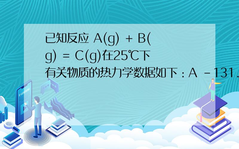 已知反应 A(g) + B(g) = C(g)在25℃下有关物质的热力学数据如下：A -131.6 295B 52.3 220C -185.6 358.6求反应在25℃时的K .
