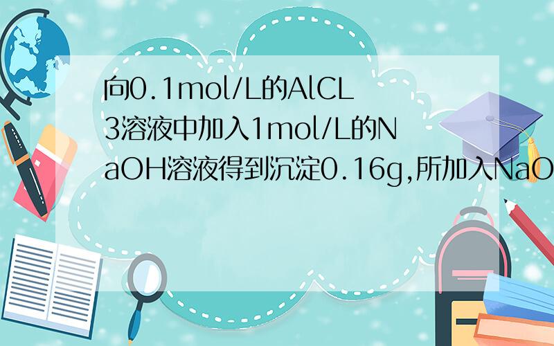 向0.1mol/L的AlCL3溶液中加入1mol/L的NaOH溶液得到沉淀0.16g,所加入NaOH溶液的体积可能是多少A.10mL B.20mL C.30mL D.36.7mL