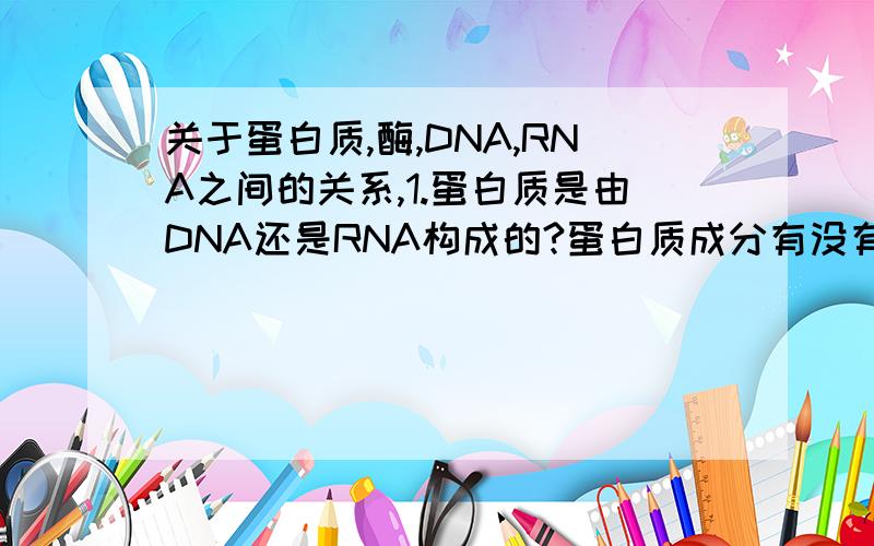关于蛋白质,酶,DNA,RNA之间的关系,1.蛋白质是由DNA还是RNA构成的?蛋白质成分有没有DNA或RNA?2.DNA,RNA与蛋白质是什么关系?3.酶可以是DNA吗?4.酶可以是RNA吗?5.那本质是RNA的酶是不是蛋白质?