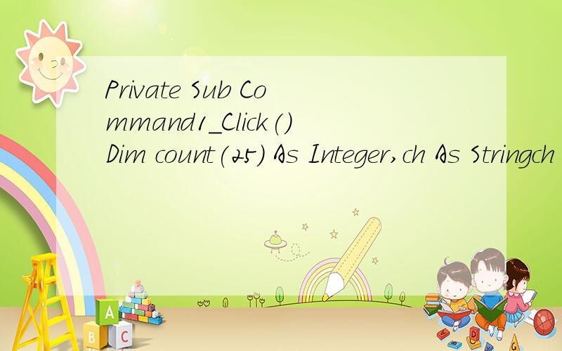 Private Sub Command1_Click()Dim count(25) As Integer,ch As Stringch = UCase(InputBox(