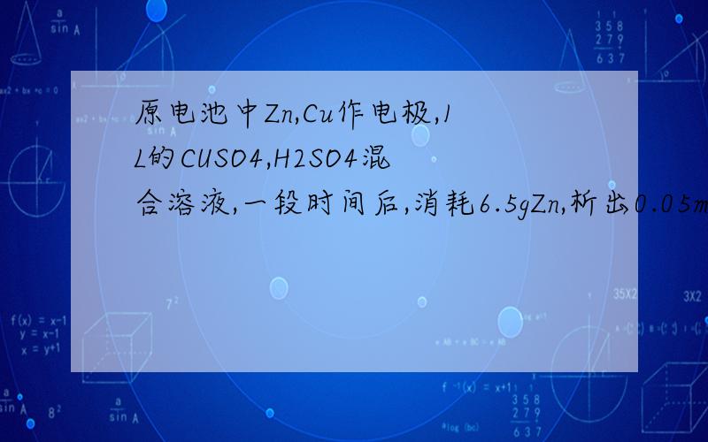 原电池中Zn,Cu作电极,1L的CUSO4,H2SO4混合溶液,一段时间后,消耗6.5gZn,析出0.05molH2求CuSO4浓度