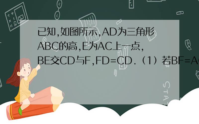 已知,如图所示,AD为三角形ABC的高,E为AC上一点,BE交CD与F,FD=CD.（1）若BF=AC,求证BE垂直于AC（2）若BE垂直于AC,求证BF=AC