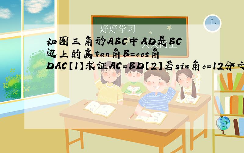 如图三角形ABC中AD是BC边上的高tan角B=cos角DAC【1】求证AC=BD【2】若sin角c=12分之13BC=12求AD
