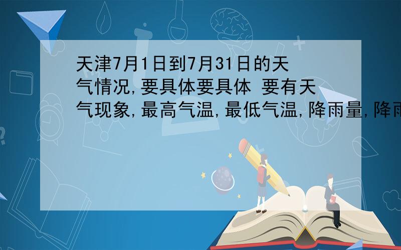 天津7月1日到7月31日的天气情况,要具体要具体 要有天气现象,最高气温,最低气温,降雨量,降雨时间,降雨持续时间