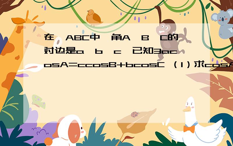 在△ABC中,角A,B,C的对边是a,b,c,已知3acosA=ccosB+bcosC （1）求cosA的值 （2）若a=2√3,cosB+cosC=2√3/3,求边c.