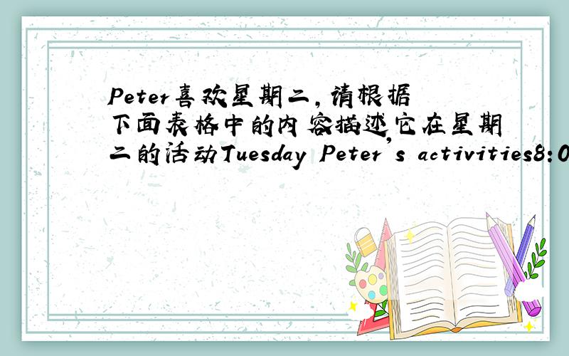 Peter喜欢星期二,请根据下面表格中的内容描述它在星期二的活动Tuesday Peter's activities8:00am have math9:00am have history12:00 have lunch at school2:00pm have music3:00pm have basketball for an hourI'm Peter.Tuesday is my favo
