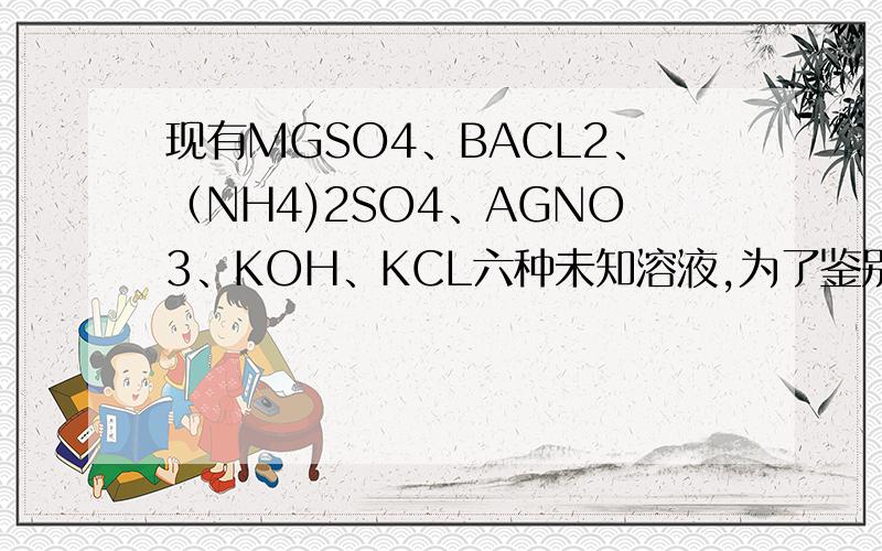 现有MGSO4、BACL2、（NH4)2SO4、AGNO3、KOH、KCL六种未知溶液,为了鉴别它们将它们任意编为A、B、C、D、E、F,现将它们两两混合（必要时可微热）实验结果见下表