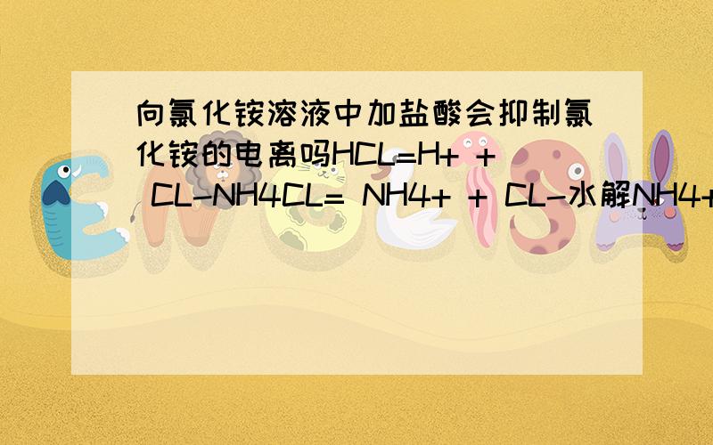向氯化铵溶液中加盐酸会抑制氯化铵的电离吗HCL=H+ + CL-NH4CL= NH4+ + CL-水解NH4+ +H2O= NH3·H2O+ H+为什么加入盐酸只是抑制水解?电离不也会抑制么?