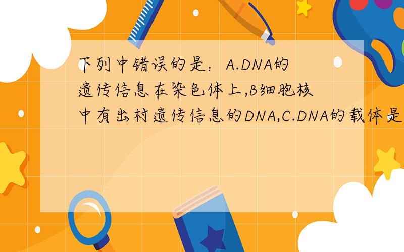 下列中错误的是：A.DNA的遗传信息在染色体上,B细胞核中有出村遗传信息的DNA,C.DNA的载体是基因
