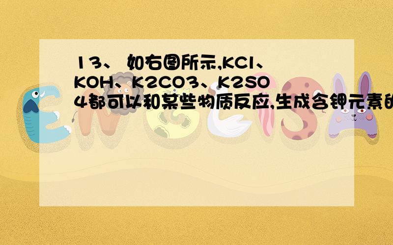 13、 如右图所示,KCl、KOH、K2CO3、K2SO4都可以和某些物质反应,生成含钾元素的化合物X,则X的化学式为 .写出各步反应的化学方程式：① ② ③