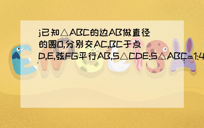 j已知△ABC的边AB做直径的圆O,分别交AC,BC于点D,E,弦FG平行AB,S△CDE:S△ABC=1:4,DE=5,FG=8,求梯形AFGB的面积