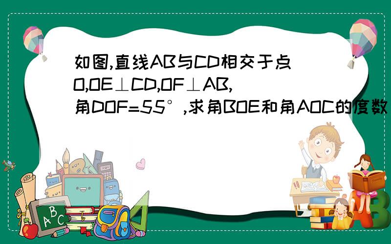 如图,直线AB与CD相交于点O,OE⊥CD,OF⊥AB,角DOF=55°,求角BOE和角AOC的度数
