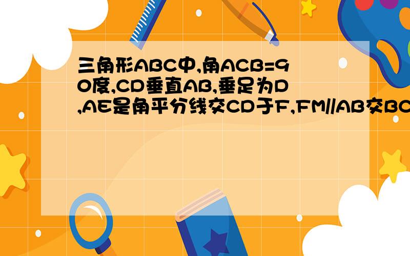三角形ABC中,角ACB=90度,CD垂直AB,垂足为D,AE是角平分线交CD于F,FM//AB交BC于M,则CE与MB的大下关系怎么样?证明你的结论