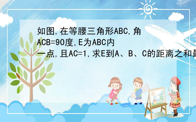 如图,在等腰三角形ABC,角ACB=90度,E为ABC内一点,且AC=1,求E到A、B、C的距离之和最小值