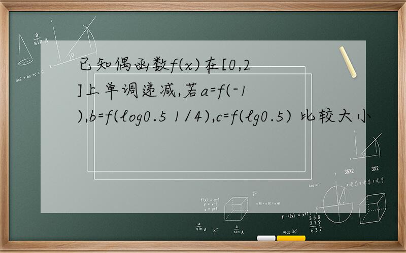 已知偶函数f(x)在[0,2]上单调递减,若a=f(-1),b=f(log0.5 1/4),c=f(lg0.5) 比较大小