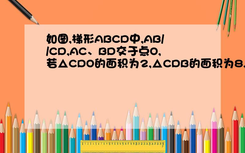 如图,梯形ABCD中,AB//CD,AC、BD交于点O,若△CDO的面积为2,△CDB的面积为8,则S△DAB的面积?求详细的过程,已经知道答案了.