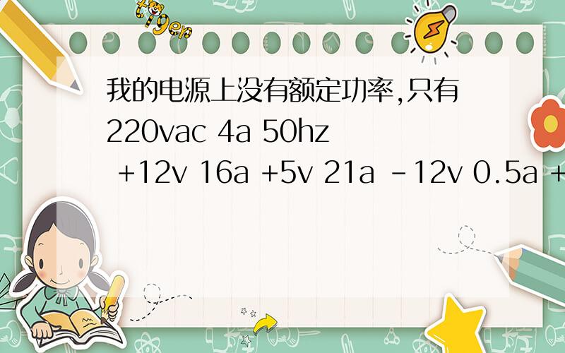 我的电源上没有额定功率,只有220vac 4a 50hz +12v 16a +5v 21a -12v 0.5a +3.3v 20a +5vsb 2a