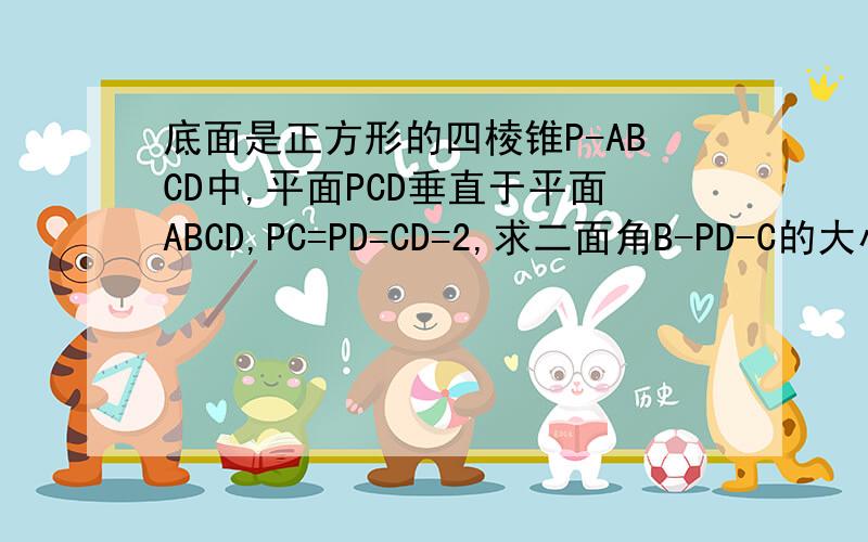 底面是正方形的四棱锥P-ABCD中,平面PCD垂直于平面ABCD,PC=PD=CD=2,求二面角B-PD-C的大小急!要过程