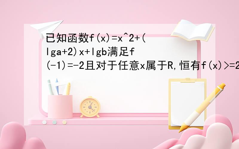 已知函数f(x)=x^2+(lga+2)x+lgb满足f(-1)=-2且对于任意x属于R,恒有f(x)>=2x成立（1）求实数a,b的值（2）解不等式f(x)