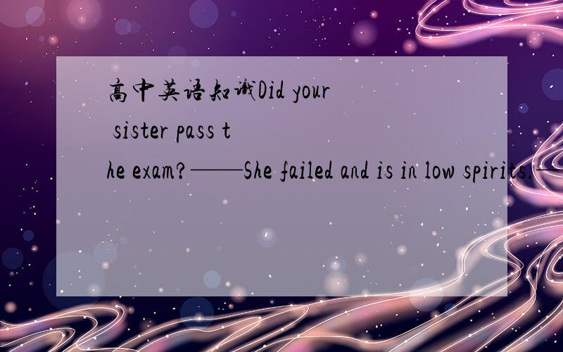 高中英语知识Did your sister pass the exam?——She failed and is in low spirits.——I’m sorry for her.——____.A、Thank you B、You’re welcome C、I would think so D、Never mind