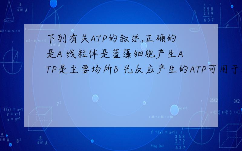下列有关ATP的叙述,正确的是A 线粒体是蓝藻细胞产生ATP是主要场所B 光反应产生的ATP可用于各项生命活动C ATP分子有一个腺嘌呤和三个磷酸基团组成D 细胞连续分裂时,伴随着ATP与ADP的相互转化