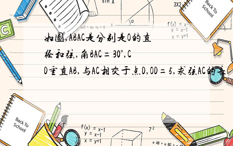 如图,ABAC是分别是O的直径和弦,角BAC=30°,CD垂直AB,与AC相交于点D,OD=5,求弦AC的长