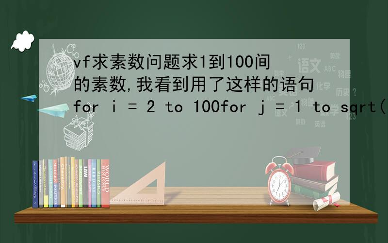 vf求素数问题求1到100间的素数,我看到用了这样的语句for i = 2 to 100for j = 1 to sqrt(i)最后一条语句有什么用?求平方根和素数有关系吗?