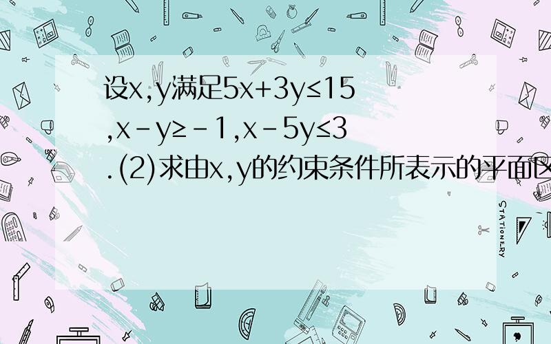 设x,y满足5x+3y≤15,x-y≥-1,x-5y≤3.(2)求由x,y的约束条件所表示的平面区域的面积;(2)求(x+3)∧2+(y-1)∧2的最小值